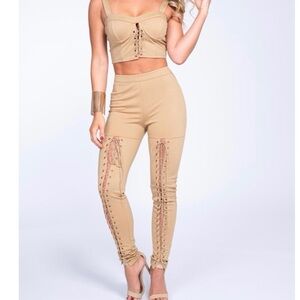 L'ATISTE Tan Lace-Up Skinny Jumpsuit